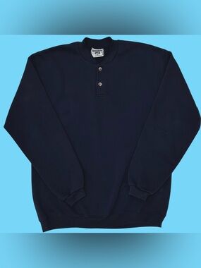 Vintage 90s Lee Heavyweight Henley Crewneck Buttoned Navy Made in USA Medium